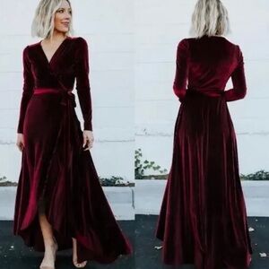 Women's Burgundy Velvet Long Sleeve Wrap maxi Dress